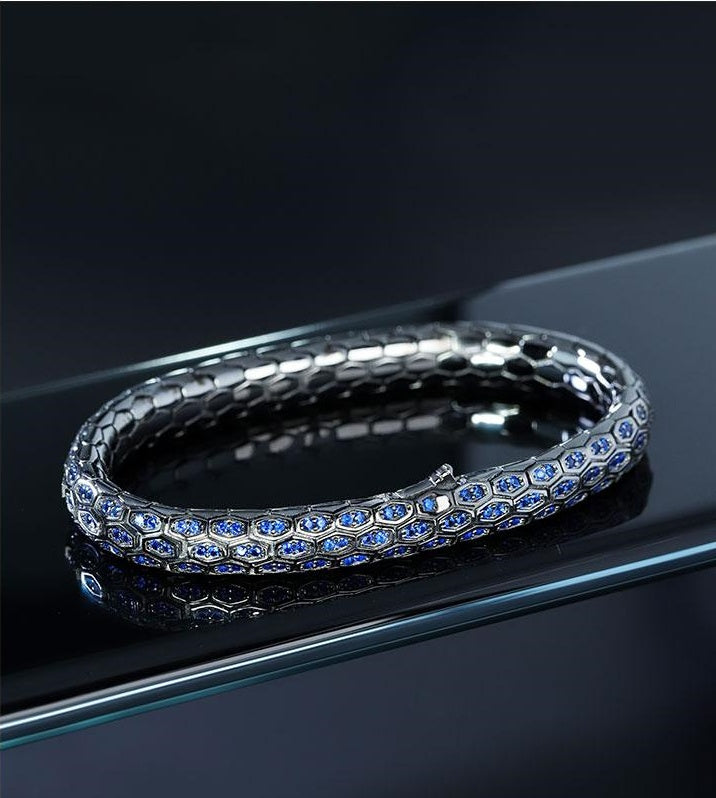 Python Design in Silver Bracelet with Double Blue CZ Diamonds