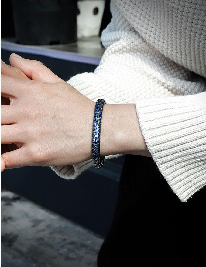 Python Design in Silver Bracelet with Double Blue CZ Diamonds